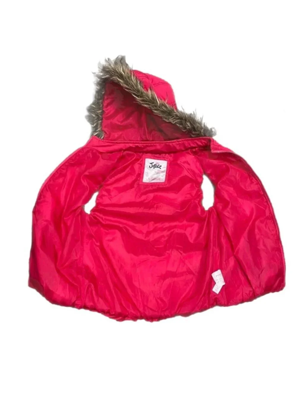 Justice Youth Girls 14 Pink Puffer Vest Faux Fur Lined Full Zip Removable Hoodie